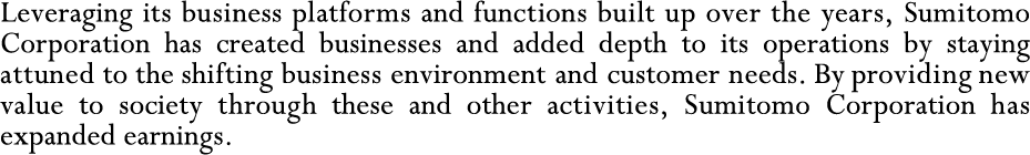 Leveraging its business platforms and functions built up over the years, Sumitomo Corporation has created businesses and added depth to its operations by staying attuned to the shifting business environment and customer needs. By providing new value to society through these and other activities, Sumitomo Corporation has expanded earnings.
